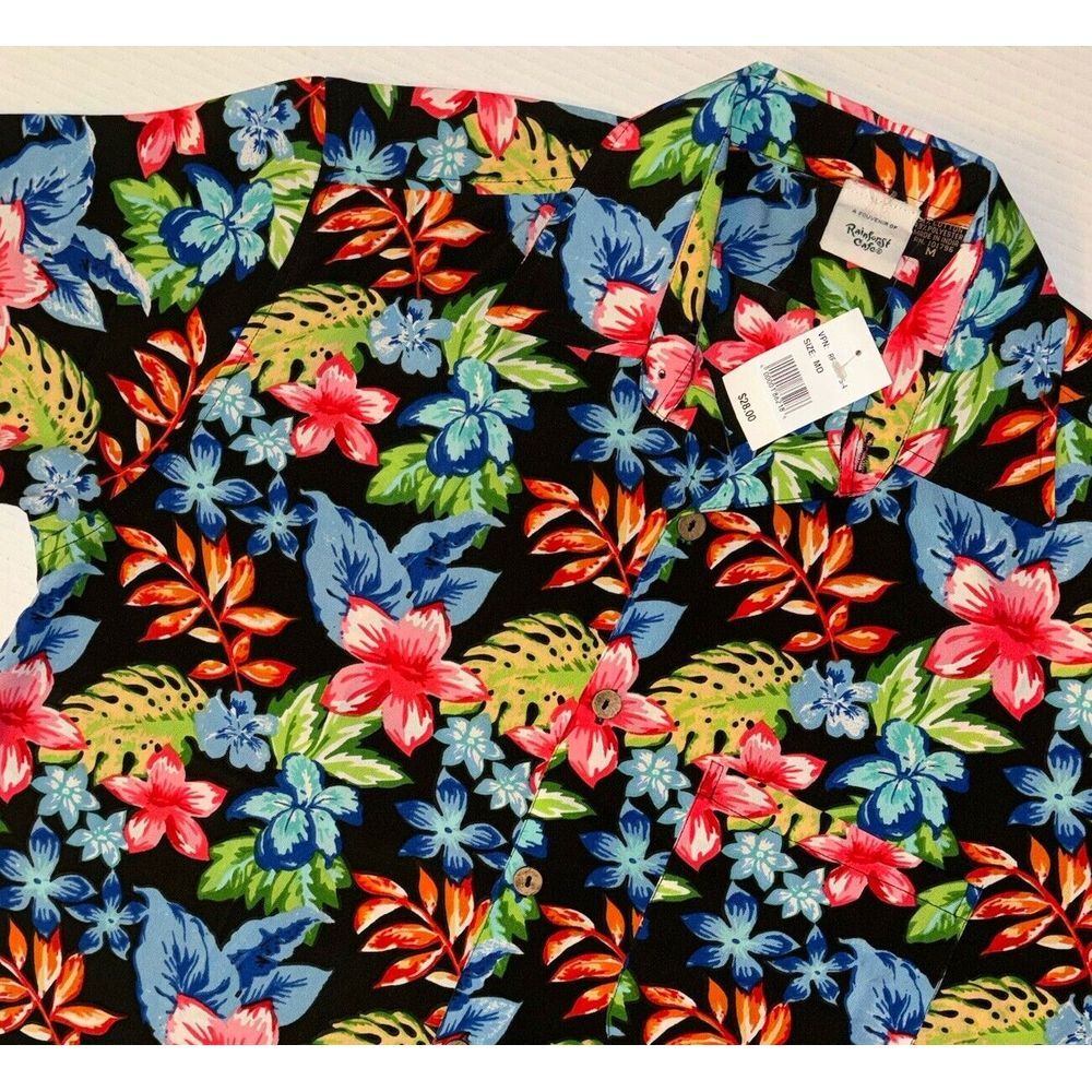NWT Rainforest Cafe Adult Medium Tropical Hawaiian Floral Bamboo Button Up Shirt